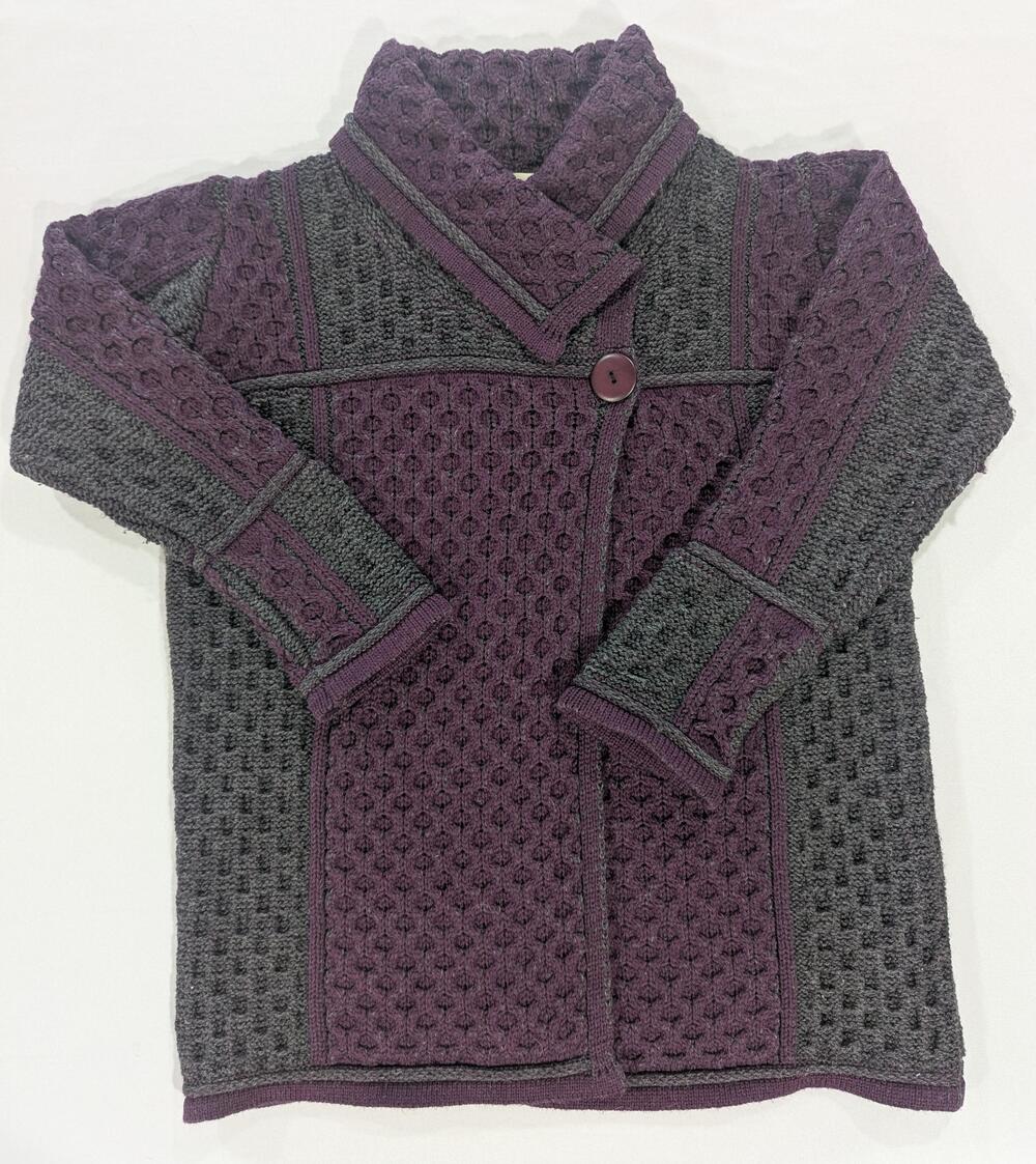 Aran Crafts Cardigan Sweater Womens L Purple Merino Wool Cable Knit Ireland